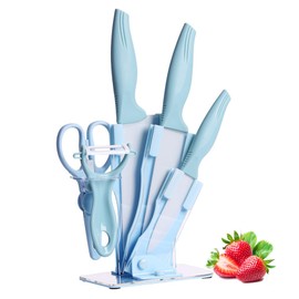 Kitchen Knife Set, 6-Pieces Ceramic Kitchen Chef Knife Block Set for Children,Non-Stick Cooking Knife Set with Scissors for Cutting Slicing Dicing (Blue)