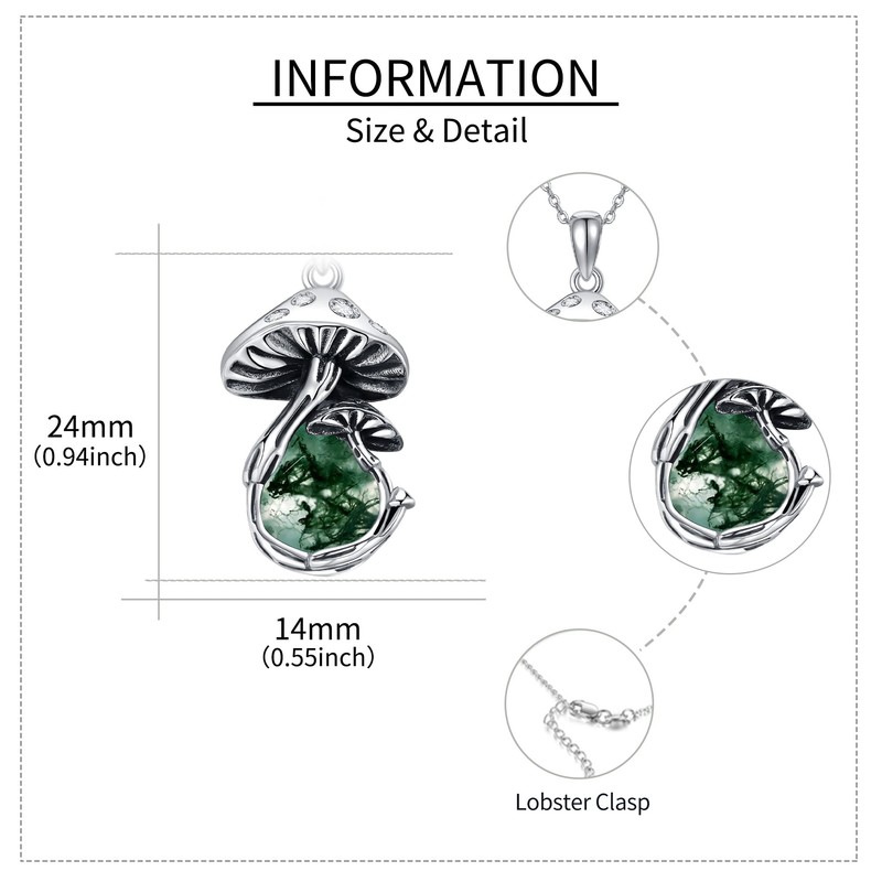 YAFEINI Mushroom Necklace Moss Agate Sterling Silver Mushroom Pendant Mushroom