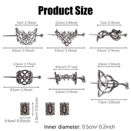 6Pcs Viking Celtic Hair Clips, BOJVESH Retro Silver Celtic Knot Hair Pins, Minimalist Vintage Metal Hair Stick Hairpins with 12Pcs Viking Hair Beads, Hair Accessories Barrettes for Women Girls