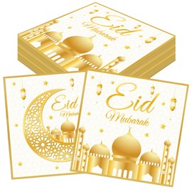 CharmBurst 40 Pcs Ramadan Napkins, Eid Mubarak Ramadan Decor, Gold White Napkins for Ramadan Table Decor, Eid Mubarak Table Confetti, Ramadan Kareem Napkins