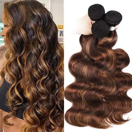 Brown Highlight Body Wave Human Hair Bundles Piano Color Brazilian Hair Ombre Blonde Human Hair Sew in  Quick Weave with Color - length: 14 16 18 20
