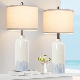 Sucolite 26" Ceramic Table Lamps Set of 2, Coastal Living Room Table Lamps with Cream Fabric Shades, Large Modern Bedside Lamps for Bedroom Nightstand Office Hotel Beach House, Blue Accent