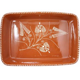 Vintage Portuguese Traditional Clay Terracotta Pottery Roaster Cazuela Made In Portugal (N.4 17 3/4 x 12 x 3 3/8" Inches)