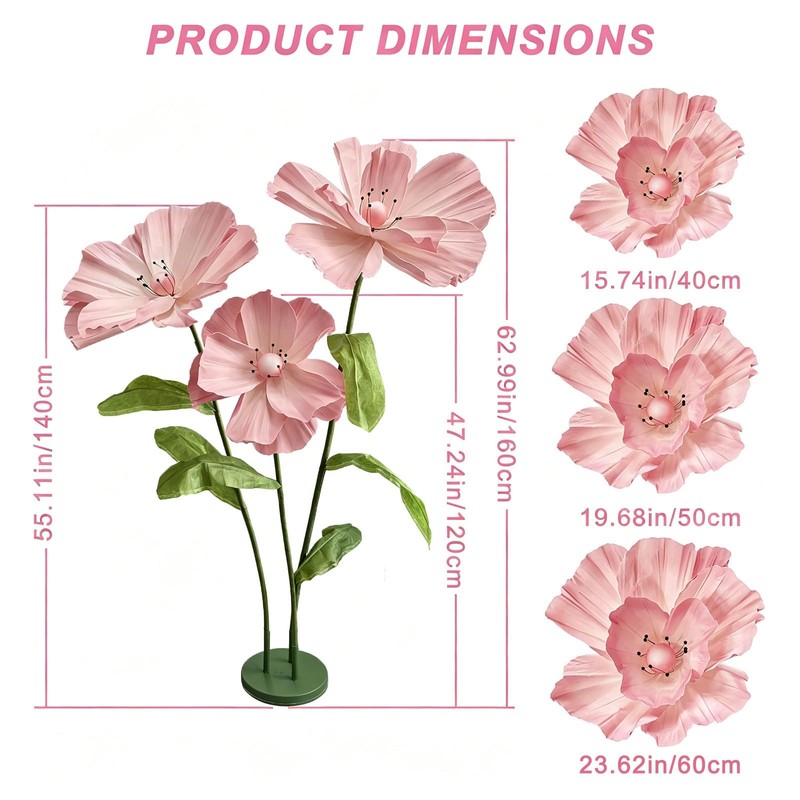 3 Pcs Giant Artificial Flowers for Decoration, Large Paper Pink