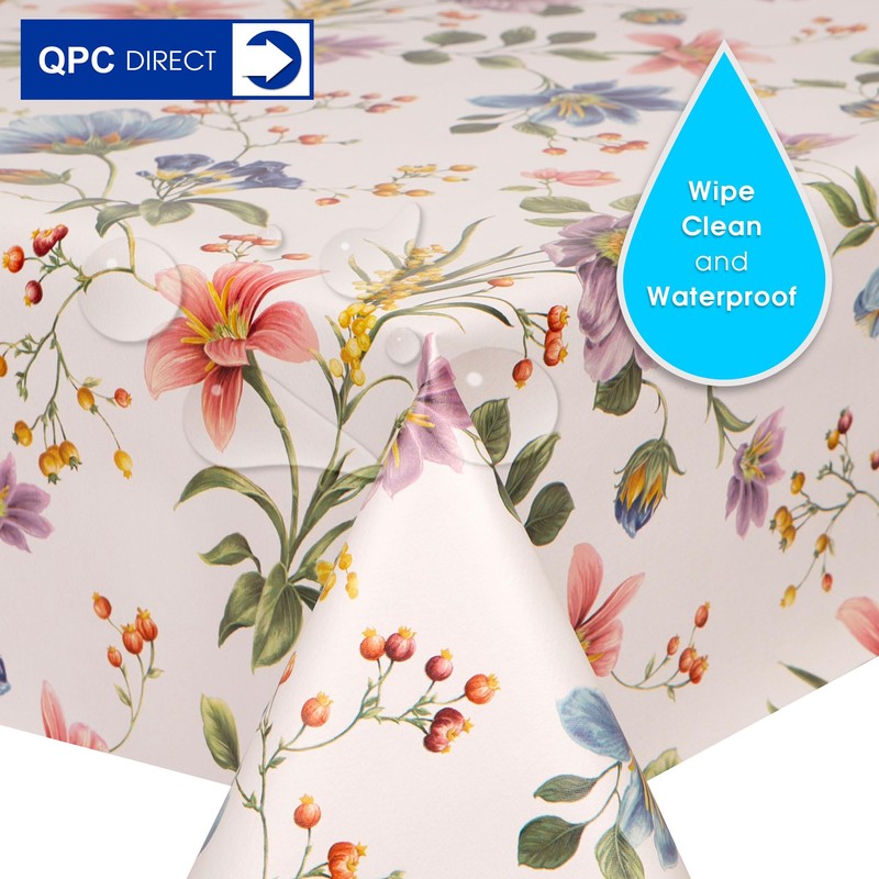 QPC Direct Budding Flowers PVC Oilcloth Table Cover Vinyl Tablecloth