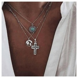 Inilbran Boho Mehrschichtige Türkis Kreuz Choker Halskette Vintage Weltkarte Anhänger Halskette Silber Filigran Kreuz Halskette Mehrschichtige Kugelkette Halskette Schmuck Für Frauen Und Mädchen