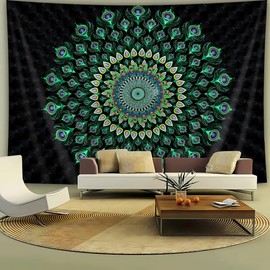 FENDROM Bohemian Mandala Tapestry Hippie Tapestries Psychedelic Green Peacock Boho Wall Hanging for Bedroom Living Room Tablecloth