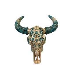De Leon Collections Country Cow Bull Skull Home Décor, Western Hanging Wall Sculpture, 13 inch Polyresin, Turquoise Horns