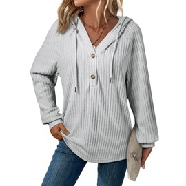 SHEWIN Womens Sweaters Causal Lightweight Knit Oversized Sweater Loose Long Sleeve V Neck Hoodies Fall Clothes For Women 2024,US 8-10(M),Grey