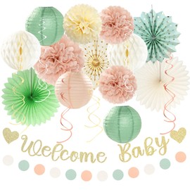 Sage-Green Blush-Beige Baby Shower Party-Decorations - 21pcs Girls Welcome Baby Banner,Light Dusty Pink Paper Lanterns Pom Poms,Safari Woodland Boho Neutral Streamers Garland Decor Favors Huglony