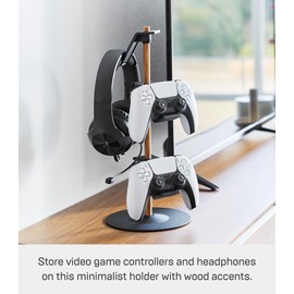 YAMAZAKI Home Tower Universal Game Controller Stand – Adjustable 4-Tier Holder For Controllers & Headsets - Steel + Wood