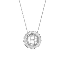 JewelryWe Initial Necklace,Silver Cubic Zirconia Circle Pendant Initial Letter Charm Stainless Steel Necklace for Women Girls(Letter B）