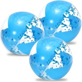 Whaline 3Pcs Glitter Inflatable Beach Ball 16 Inch Round Blue Confetti Pool PVC Balls Cute Game Toys for Summer Hawaiian Tropical Theme Beach Party Decor (Lake Blue)