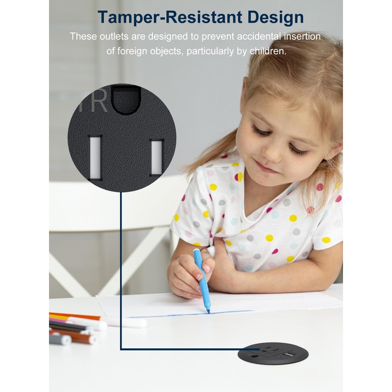 Desktop Power Grommet Outlet PD 20W Fast Charging USB-C,Tamper-Resistant Design