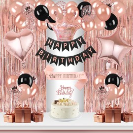 Birthday Decoration Rose Gold, Rose Gold Party Decoration Set with Happy Birthday Banner, Sash and Birthday Crown, Heart Star Foil, Confetti Balloons, Tinsel Curtain for All Ages (Rose Gold)