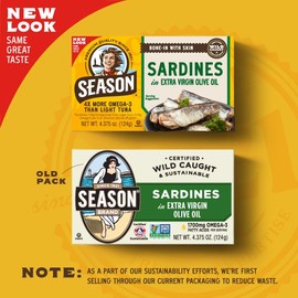Season Sardines in Extra Virgin Olive Oil - Wild Caught, 22g of Protein, Keto Snacks, More Omega 3's Than Tuna, Kosher, High in Calcium, Canned Sardines - 4.37 Oz Tins, 12-Pack