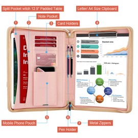 Darolin Zippered Leather Padfolio Portfolio with [Hidden Handle] and [Clipboard], Business Conference Portfolio Organizer Notepad Folder, Padfolio for Women/Men (Rosegold)