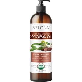 velona velona Organic Jojoba Oil 8 Fl Oz - 100% Pure, Unrefined Cold Pressed for Face, Hair, Body, Acne Prone Skin Care, Stretch Marks & Cuticles (With Pump)