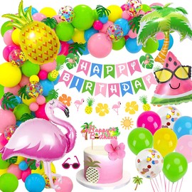 Hawaiian Party Decoration, Flamingo Birthday Decoration, Summer Tropical Party Decoration with Flamingo Pineapple Coconut Tree Helium Balloons, Birthday Banner for Hawaiian Luau Aloha Birthday Pool