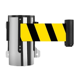 Queue Barrier Belt - Yellow/Black | 5 Meter Rope Barrier with Stainless Steel Wall Mount | Security Belt Barrier with Retractable Nylon Belt | Crowd Control Barrier Tape for Banks, Door Entrances (1)