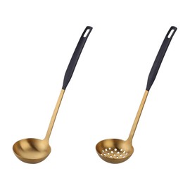 Buyer Star 2 Pcs Soup Ladle Colander, Gold Black Cookware Serving Long Handle Steel Slotted Spoon Cooking Utensil Set for Hotpot