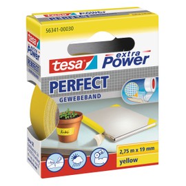 Tesa Extra Power Perfect Fabric Tape - Fabric Reinforced Ductape for Crafts, Repairs, Fastening, Reinforcing and Labelling, Yellow, 2.75 m x 19 mm
