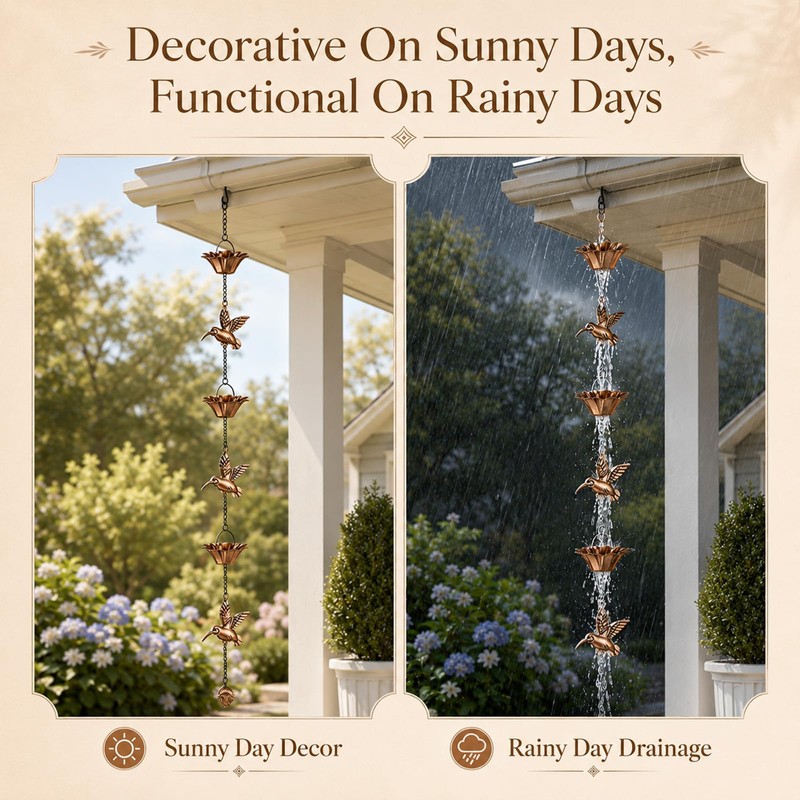 Humming Bird Rain Chain for Gutters, 8.5ft Hummingbird & Lotus