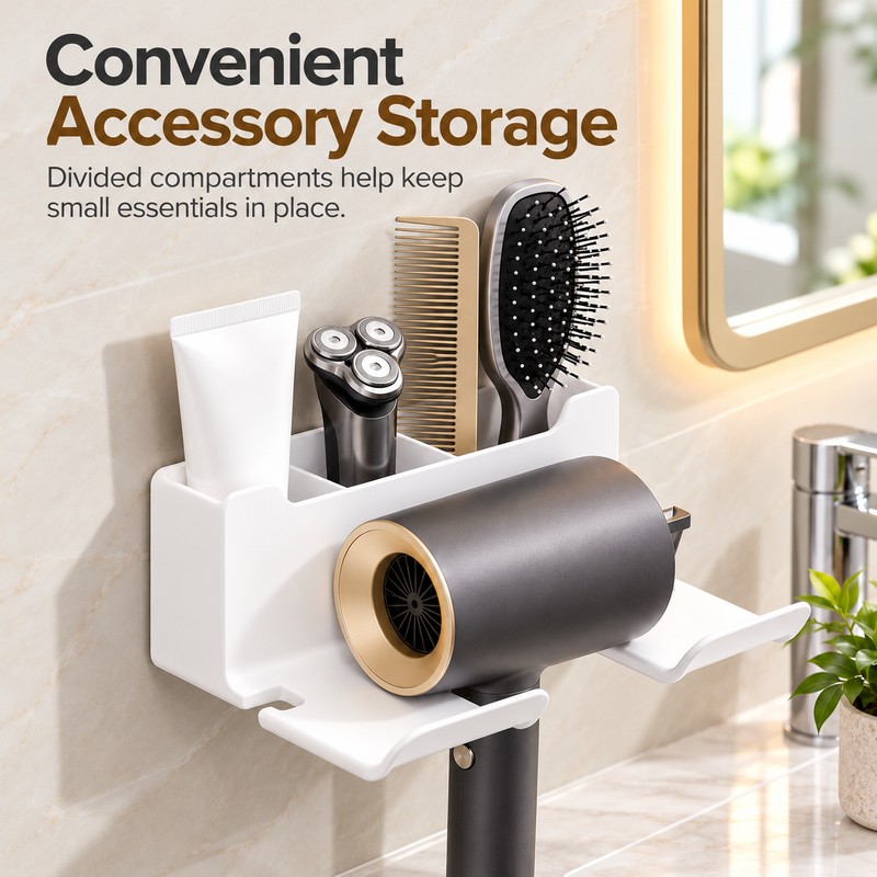 Wall-Mounted Hair Dryer Holder for Bathroom Organization – No-Drill Plastic