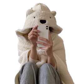 Winter Throw Blanket Cloak With Hood Thick Soft Plush Warm Wearable Blanket for Children and Adults White 120x123cm