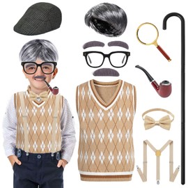 11Pcs Old Man Costume for Kids 100 Days of School Costume Boys Grandpa Costume 100 Year Old Costume Boys Outfit Dress Up with Accessories Vest Waistcoat Cane Hat Wig Glasses Beard Bowtie RA061M