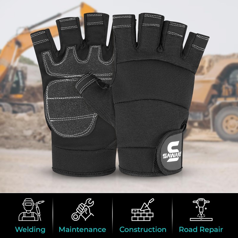 SAWANS Fingerless Working Gloves for Men Performance Heavy Duty Half-Finger