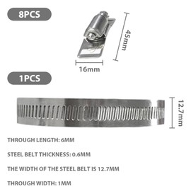 CLEK 8Pcs Hose Clamps, 2.5m/6ft Hose Clamp Kit with 8pcs Fasteners Pipe Clamp Stainless Steel and 8mm Socket Screwdriver, for Pipe, Plumbing, Fuel Line, Intercooler Tube