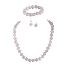 Treasure Bay Stunning 12mm Natural Gemstone Beaded Necklace and Bracelet Jewellery Set For Women (Pink Rose Quartz)