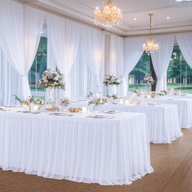 White Table Cloths 8 Foot Rectangle Stretch Ruffle Tulle Tablecloth Spandex Fitted Table Cover for 8 Foot Tables White Tulle Table Skirts Rectangle Tables 8ft Elastic Party Wedding Table Cloths 2Pack