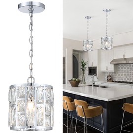 Modern Crystal Pendant Light,Chrome Chandelier Light Fixture, Cylinder Adjustable Height Pendant Lights for Kitchen,Dining Room,Living Room,Foyer,Hallway