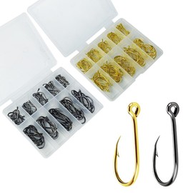 Tadipri Fishing Hooks Carbon Steel Fishing Hook Set with Plastic Box Fishing Accessories Set Eyeless Hooks/Eye Hooks 10 Sizes 200 Pieces (Gold and Black)