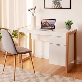 Topment 44 Inch Writing Desk with Drawer, Work Study Desk Makeup Table with One Drawer and Cabinet, Simple Classic Style, Laptop Workstation for Bedroom, Living Room, Study, Easy Assembly