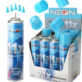NEON Butane Refill, 11X Ultra-Refined Butane Fuel, 300ml Premium Lighter Fluid with Metal Nozzle & 5 Butane Gas Refill Adapters for Refillable Jet Flame Lighters, Torches, and Culinary Use, 12 Cans