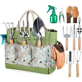 Juego de Herramientas de Jardín, Juego de 9 Herramientas Manuales de Jardinería pesadacon Bolsos Organizadores, Herramientas de Plantación de Jardines Terraza Balcón y Patio, Duradero y Antioxidante
