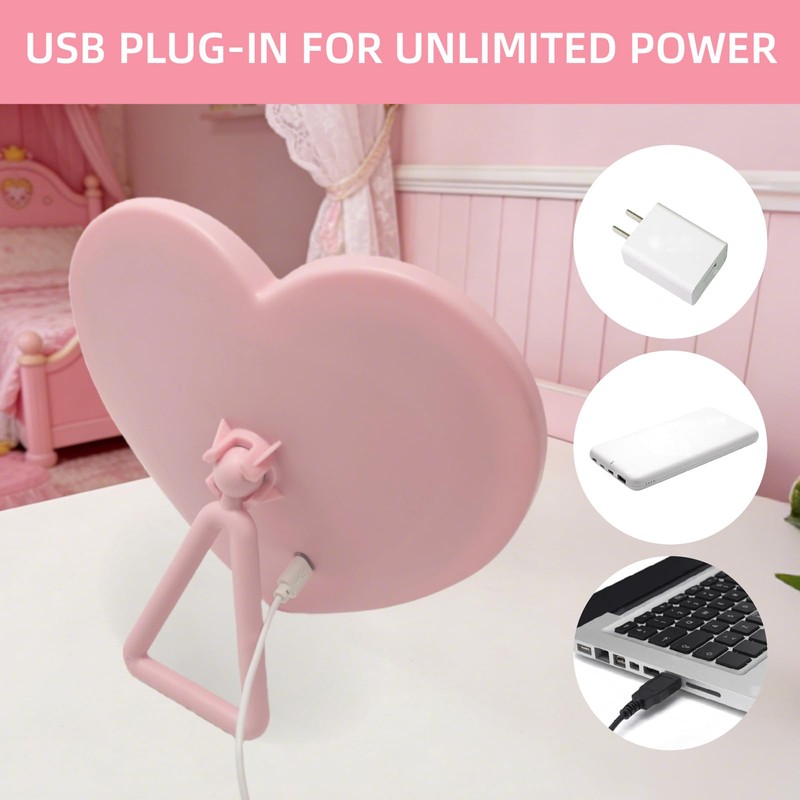 Taolivingmart Pink Heart LED Makeup Mirror Kids USB Foldable Travel