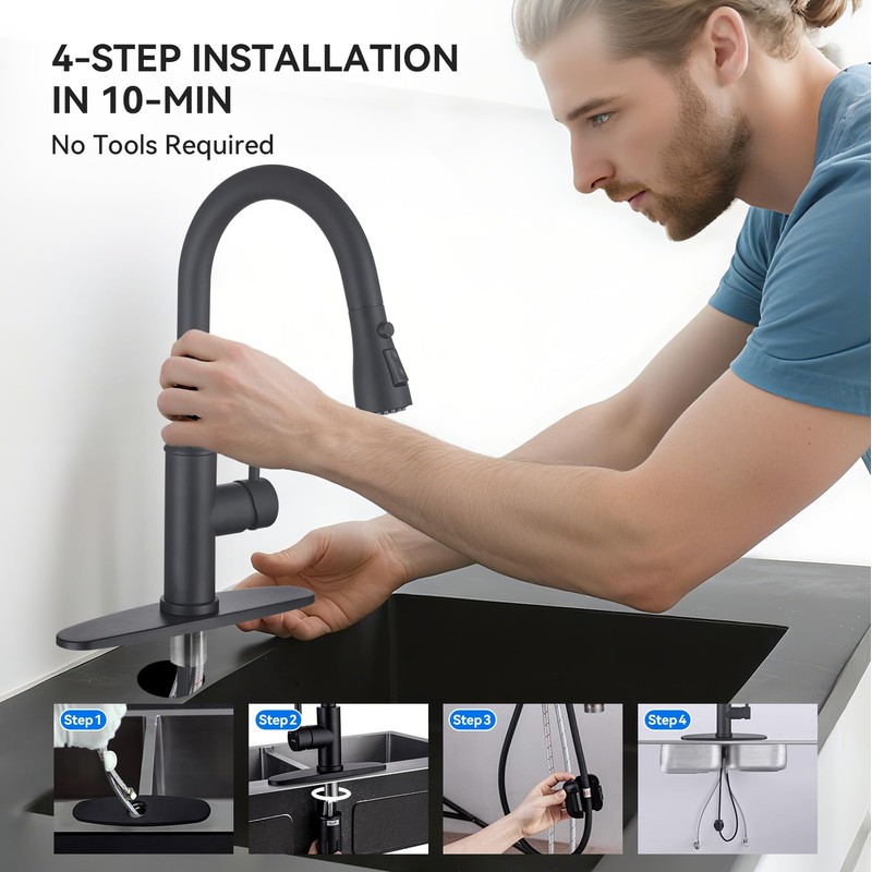 Matte Black Kitchen Faucet with Pull Down Spayer Arofa Single