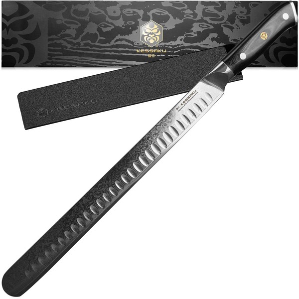 KESSAKU Carving Knife - 12 inch - Damascus Dynasty Series - Razor Sharp - Granton Edge - Forged 67-Layer Japanese AUS-10V High Carbon Stainless Steel - G10 Garolite Handle with Blade Guard