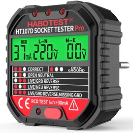 YOJOCK Socket Tester with RCD Test and LCD Voltage Display, 6 Types of Fault Diagnosis, Socket Tester with Indicator Light Display, FI Tester 48-250V/45-65Hz, CAT ll 300V (Premium Version)