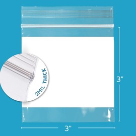GPI 100 Count 3" x 3" CLEAR PLASTIC RECLOSABLE ZIP BAGS - Bulk 2 mil Thick Strong & Durable Poly Baggies With Resealable Zipper Top Lock & write-on white block, for storage, packaging & shipping