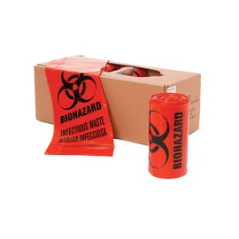 40" x 46" x 1.3 mil 40 to 45 Gallon Red Plastic Trash Bags for Hazardous Waste Containers with Printed Biohazard Symbol in 2 Languages, ASTM Certification, Made in USA (10 bags/roll, 10 rolls/case)