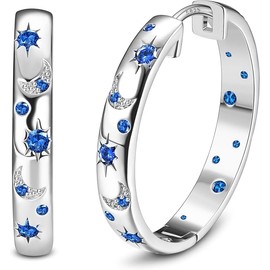 Silver Hoop Earrings for Women 925 Sterling Silver Post Earrings Moon Star Cute Huggie Hoop Earrings Cubic Zirconia Hoop Sleeper Earrings Set (Blue)