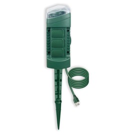 OSKOS Outdoor Power Stake with Photocell Timer 2/4/6/8 Hour Countdown, Dusk to Dawn, 6 Grounded Outlets 6FT Cord, UL Listed, Green