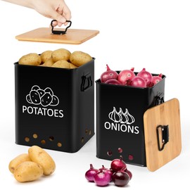 Candco Potato and Onion Storage Bin, Set of 2 Vegetable Storage Tins with Wooden Lids & Side Handles, Dual-row Ventilation Holes, Farmhouse Metal Kitchen Canisters Sets, Black