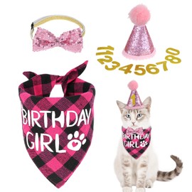 Cat Birthday Party Supplies Bandana Bow Collar Set Tie Cat Hat with Number Pet Birthday Decorations for Kitten Outfits (Pink)