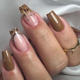 Fall Press on Nails Short Coffin Fake Nails with Golden Glitter Leopard Designs French Tip Nails Press ons Glossy Glue on Nails Brown Acrylic Nails Nude False Nails Stick on Nails for Women 24Pcs